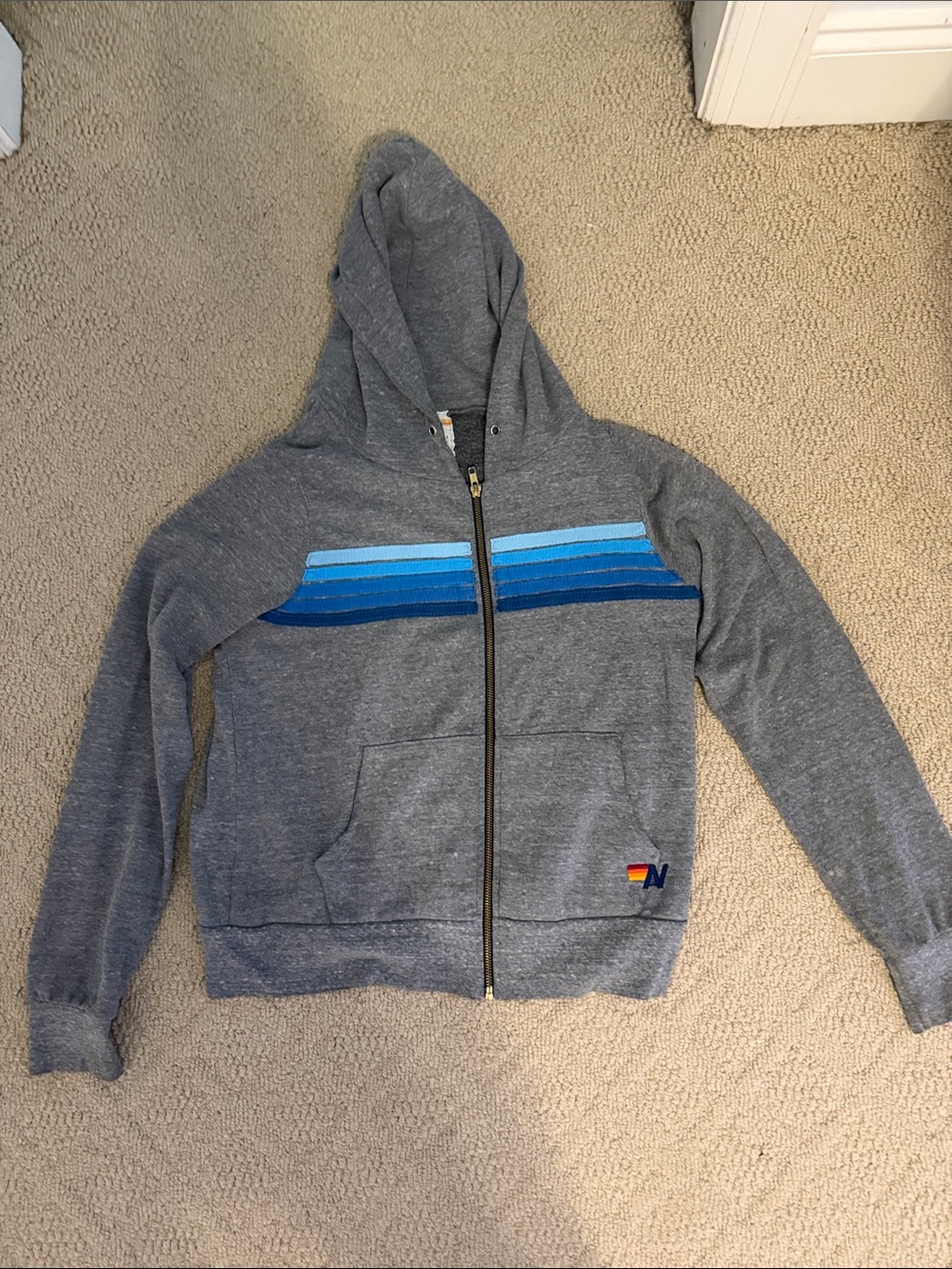 Aviator Nation Gray Zip-Up Hoodie Sweater with Blue Stripe Detail